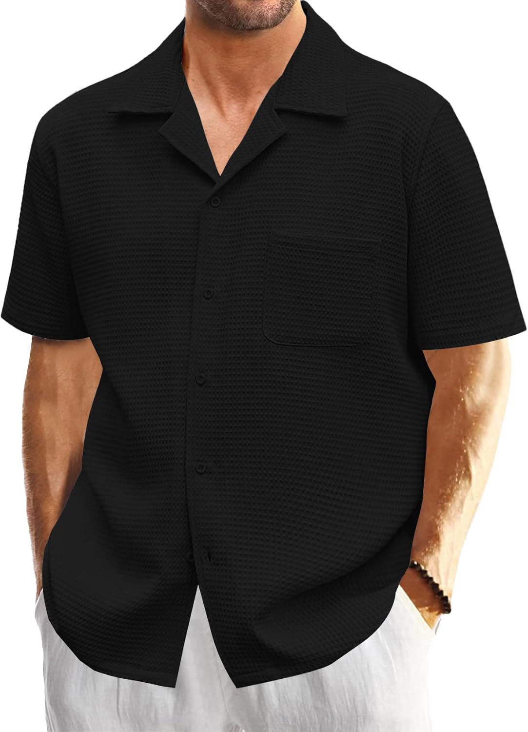Mens Waffle Button Down Shirt Short Sleeve Loose Fit Cuban Summer Beach Plain Tops
