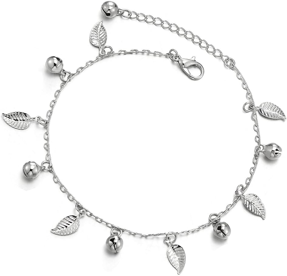COOLSTEELANDBEYOND Unique Link Chain Anklet Bracelet with Dangling Charms of Leaves and Jingle Bells, Adjustable