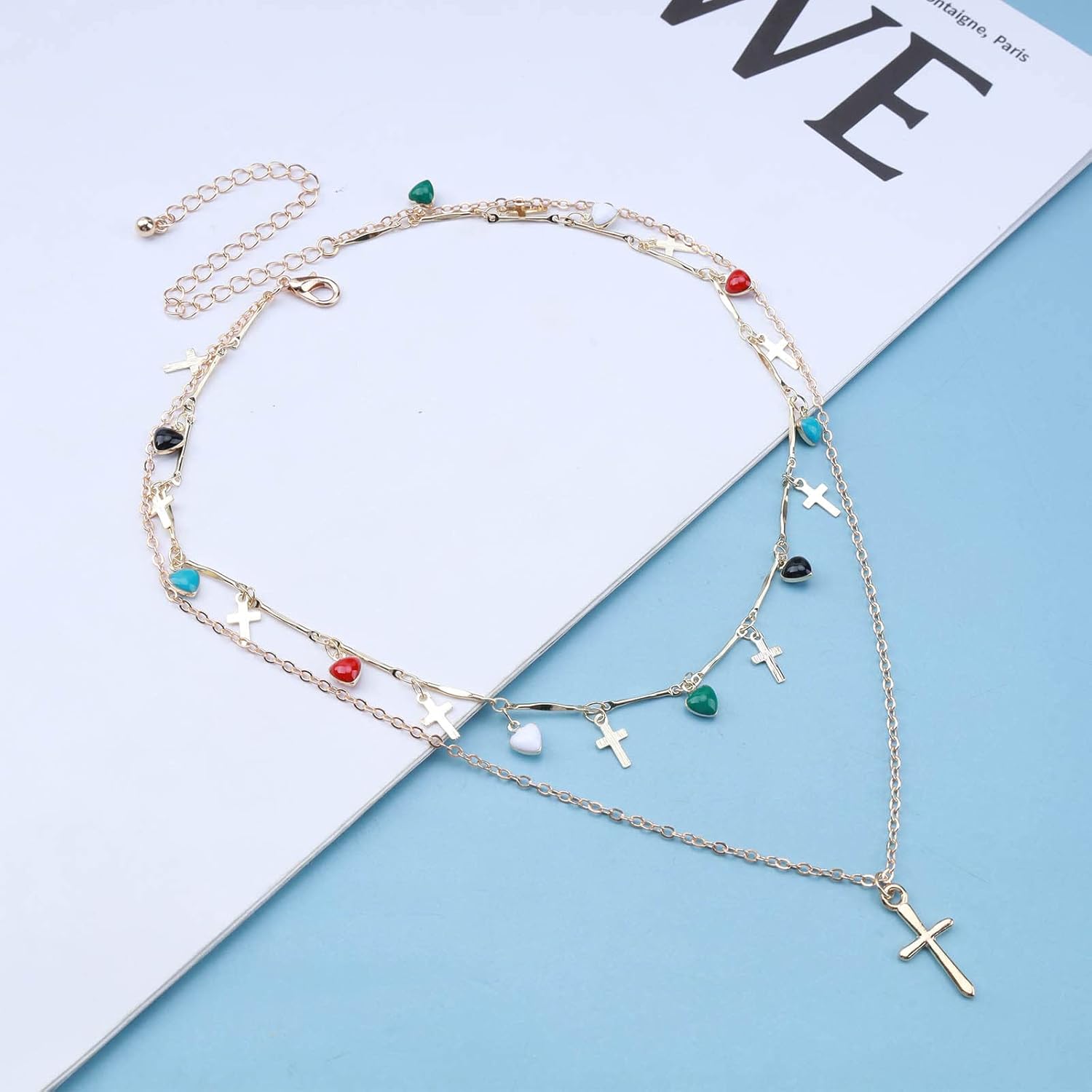 Andelaisi Boho Layered Cross Choker Necklace Tiny Rainbow Gemstone Necklace Choker Vintage Cross Pendant Necklace Colorful Cz Cross Dangle Necklace Chain Jewelry for Women - Image 3