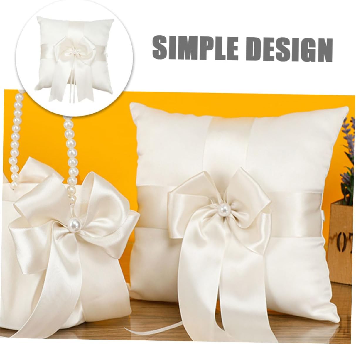 Wedding Ring Pillow Bowknot Design Decorative Satin Engagement Ring Bearer Pillow for Wedding Ceremony Party