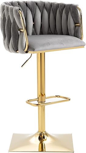 Miniatura 4 de SZLIZCCC Taburete de bar ajustable de terciopelo moderno, taburete de bar giratorio de 360 grados, taburete de isla de cocina curvado con respaldo