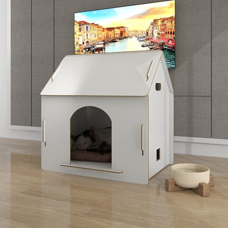 Caseta Gato Exterior,Casa de Gatos Caseta de Madera,Caseta de Madera para Perros Exterior,Casa Impermeable para Perro,Accesorios Exterior Gatos Cabaña Mascotas Jardín,Blanco,L