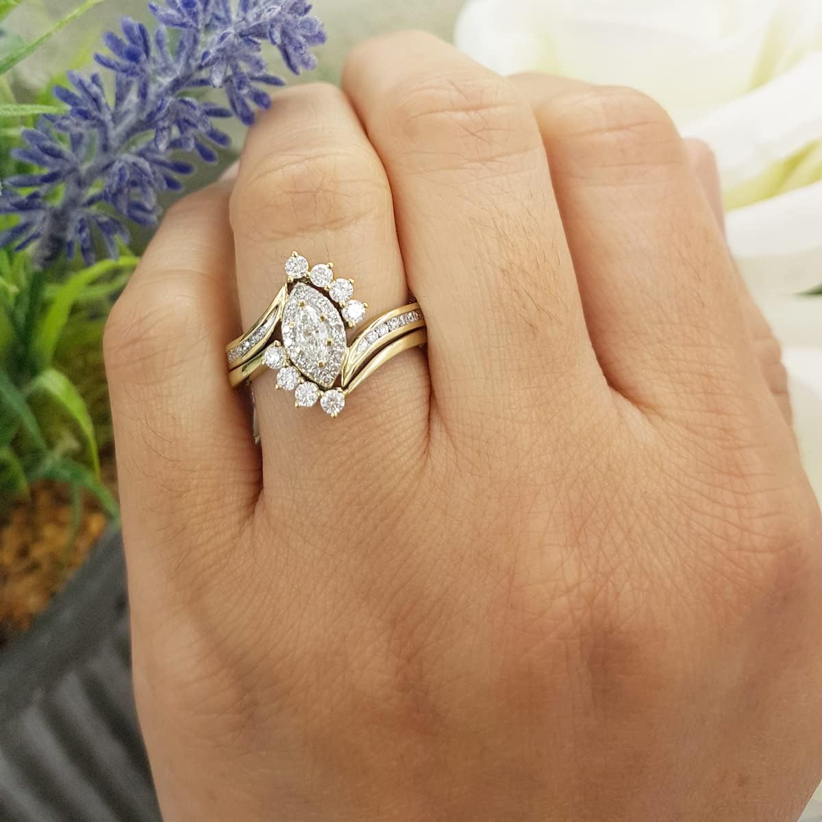 Dazzlingrock Collection 0.95 Ctw Marquise & Round Natural Diamond Wedding Ring Matching Band Set for Women in Real Solid Gold