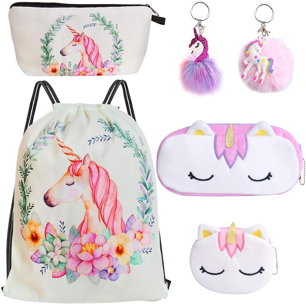 Standie 6PCS Drawstring Backpack for Unicorn Gift for Girls Include Makeup Bag Coin Purse Keychain Set for Party