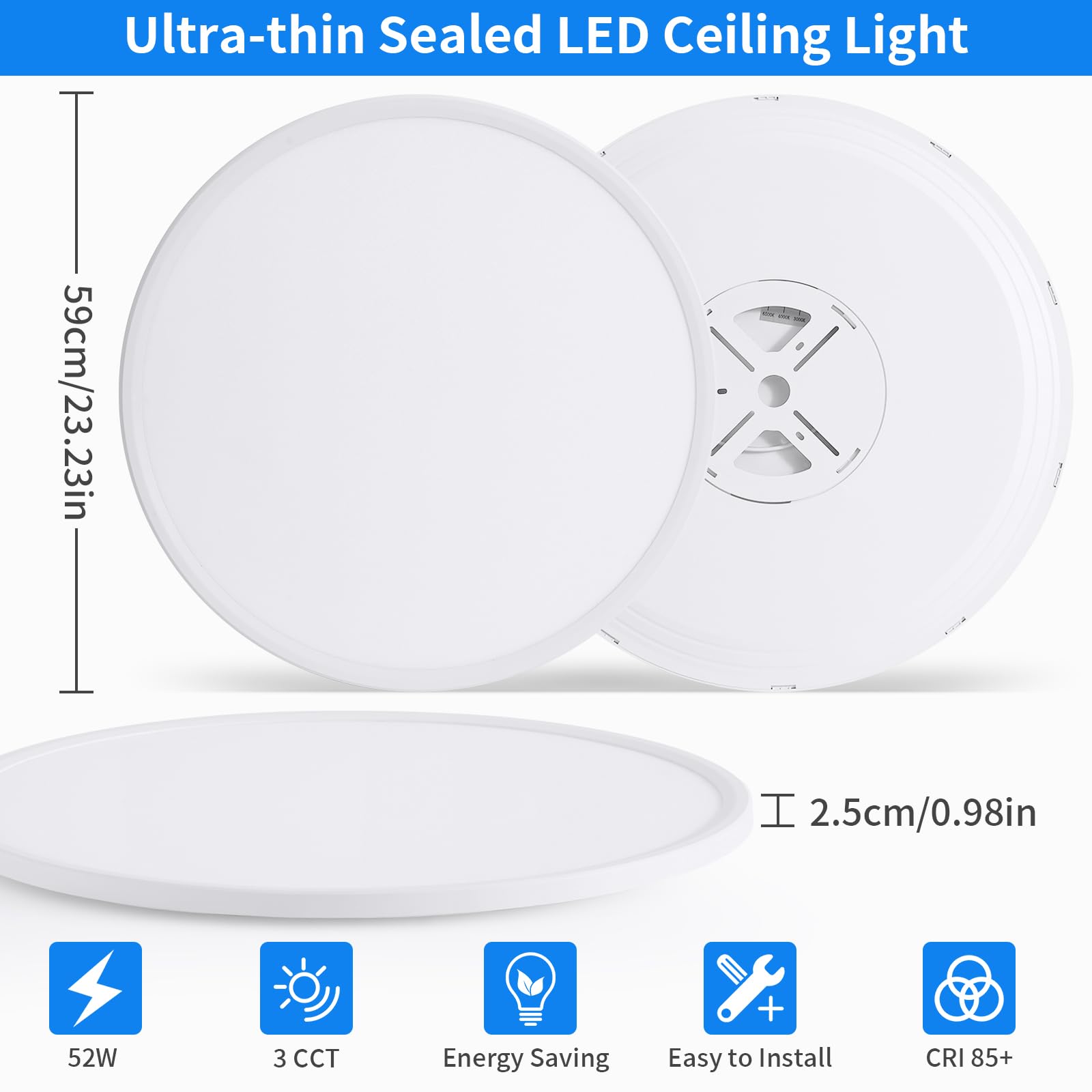 MOONSEA Deckenlampe LED Deckenleuchte Flach 52W Ø59cm 3 Farben Lampe Rund | 3000K/4000K/6500K Deckenlampe Wohnzimmer, Ultra Dünn Deckenlampe Weiß für Wohnzimmer Schlafzimmer Kinderzimmer Büro