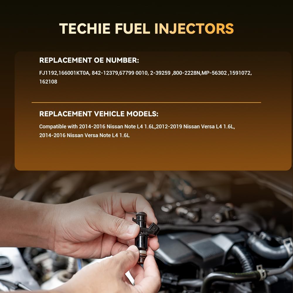 Techie 4PCS Fuel Injector Compatible with 2014-2016 Nissan Note L4 1.6L,for 2012-2019 Nissan Versa L4 1.6L,for 2014-2016 Nissan Versa Note L4 1.6L Replacement for FJ1192 166001KT0A 842-12379