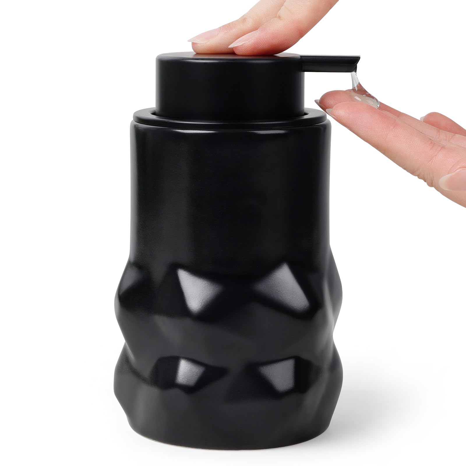 BosilunLife Hand Soap Dispenser - Foam Soap Dispenser Bathroom Ceramic Dish Liquid Soap Dispenser for Kitchen, Bathroom Countertop Soap Dispensers (Black-Liquid-Sculpt)