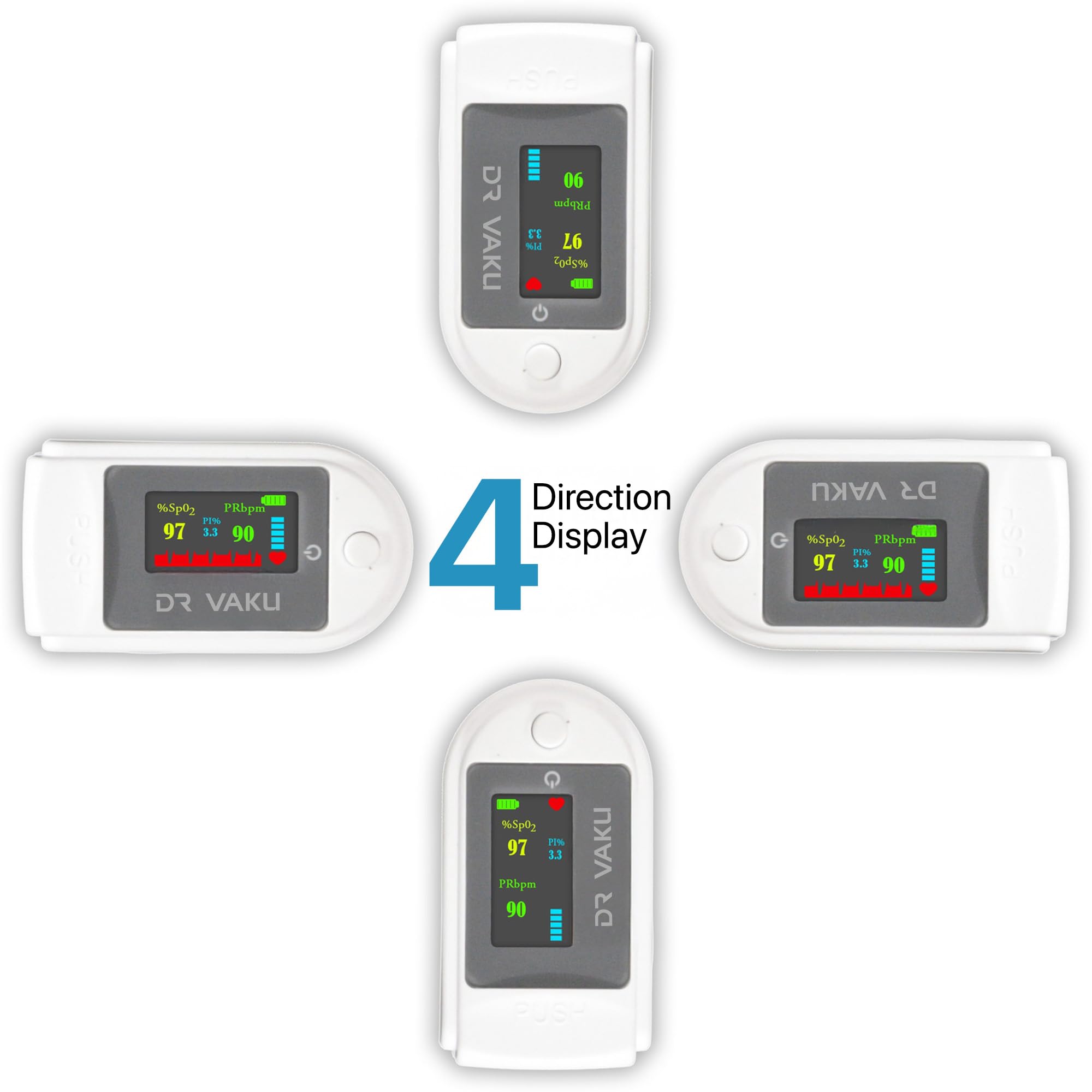 DR VAKU® Pulse Oximeter Fingertip SpO2 Blood Oxygen Saturation Monitor Finger Heart Rate Tracker Four Color TFT Display Battery Included - White 3