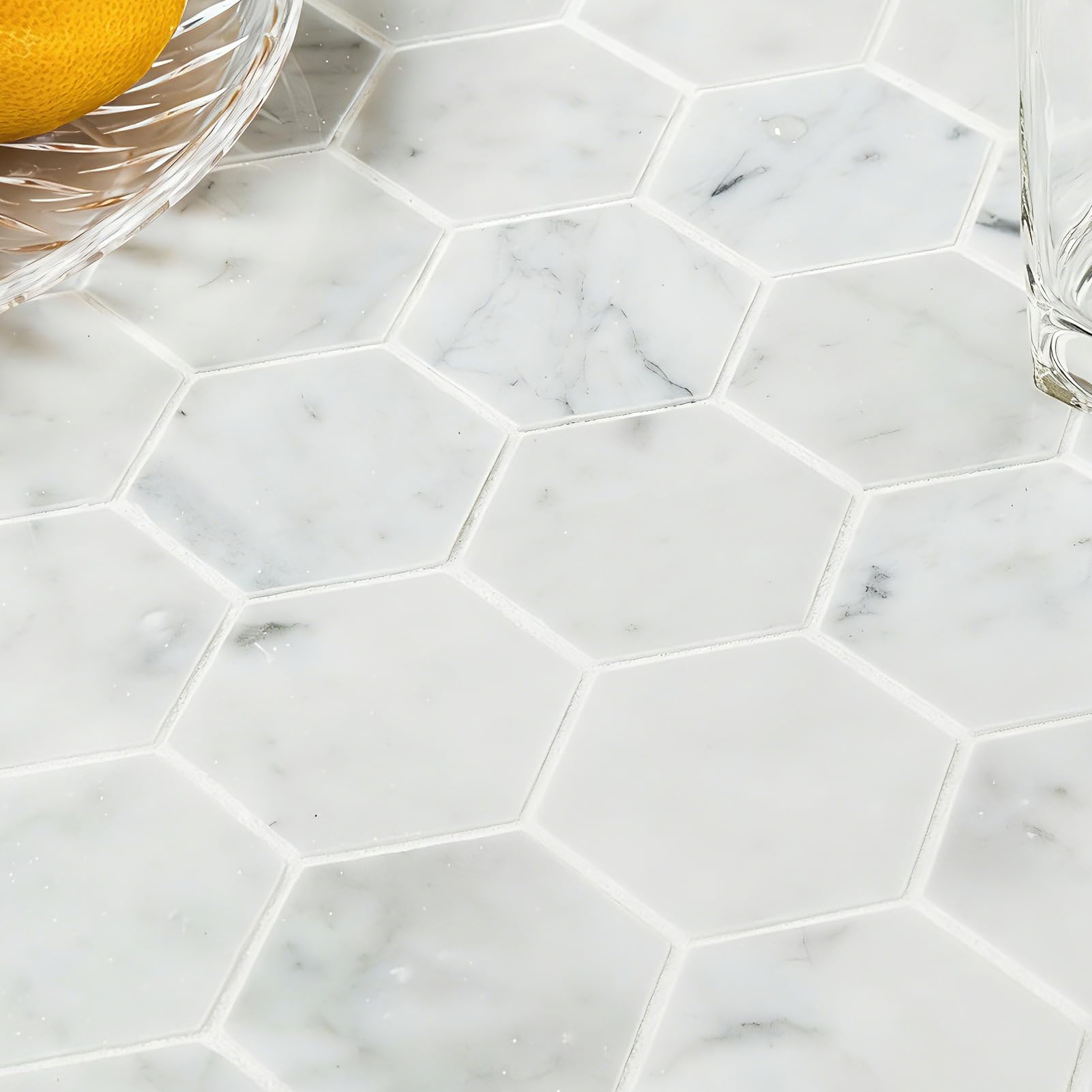 Photo 1 of Diflart Carrara White Marble Mosaic Tile, 2 Inch Hexagon, Polished, Italian Bianco Carrera Marble Backsplash Tiles for Kitchen Bathroom Wall Floor, Pack of 5 Sheets