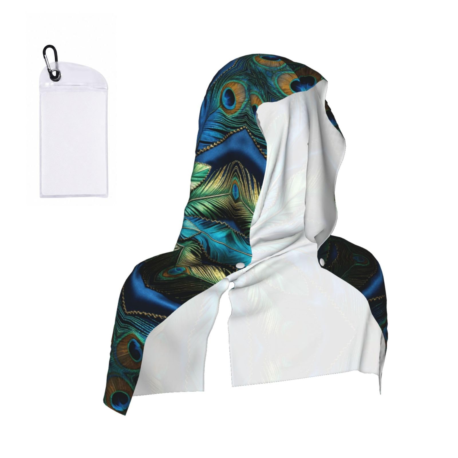 CNTDBU Peacock Blue Feather Cooling Towel Hooded-Instant Chill Neck Cover for Sports, UV Cooling Rag for Running Gym