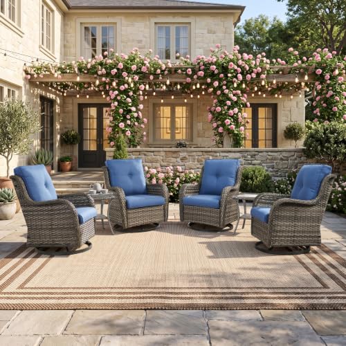 Image of 6 Pieces Outdoor Patio Wicker Swivel Chairs and Table, Blue Cushions