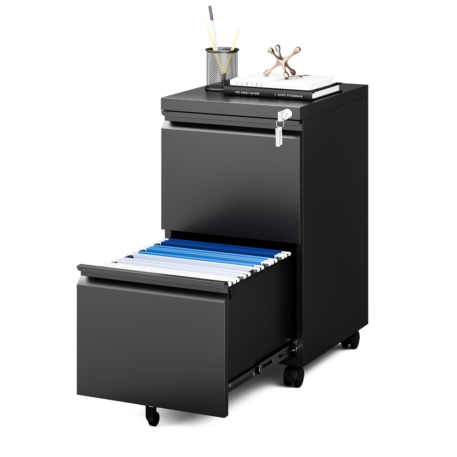 MIIIKO 2 Drawer File Cabinet on Wheels, Home Office Mobile File Drawers Under Desk, Filing Cabinets with Drawers for Legal/Letter/A4 File Folders(