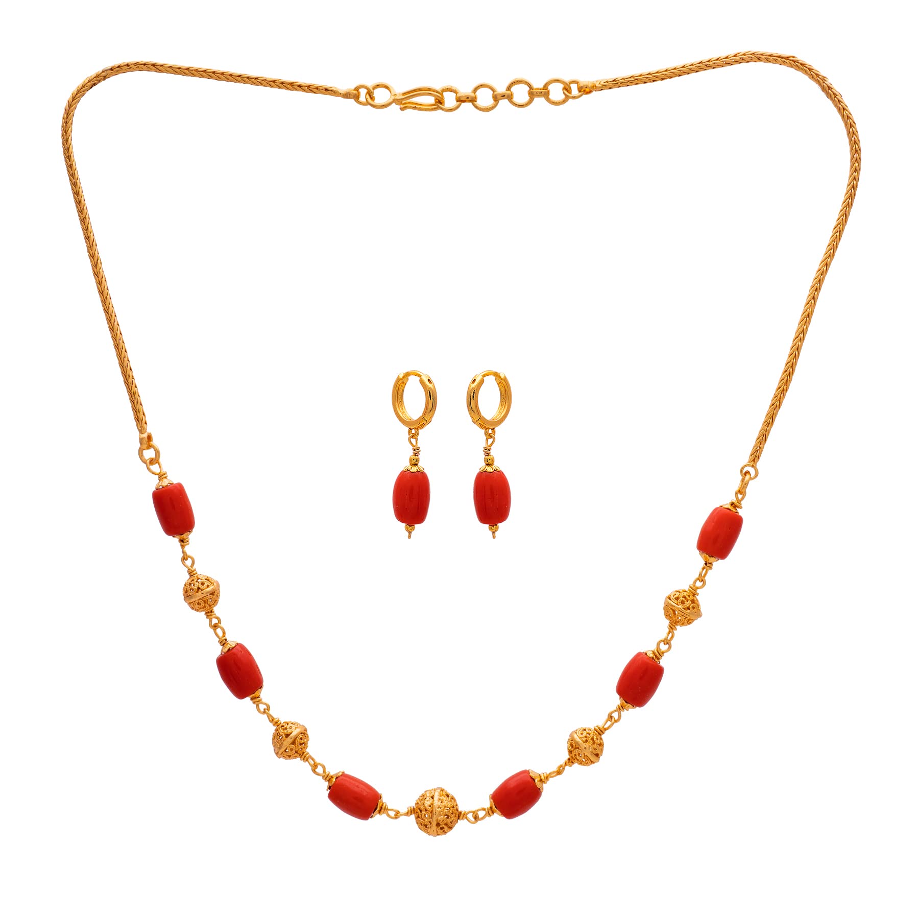 Radhas Creations Golden red beadsl Chain necklace Length 18 inches and earrings set One Gram Gold Plated For Women and Girls No.1124 (B0C5JY5519) Amazon Price History, Amazon Price Tracker