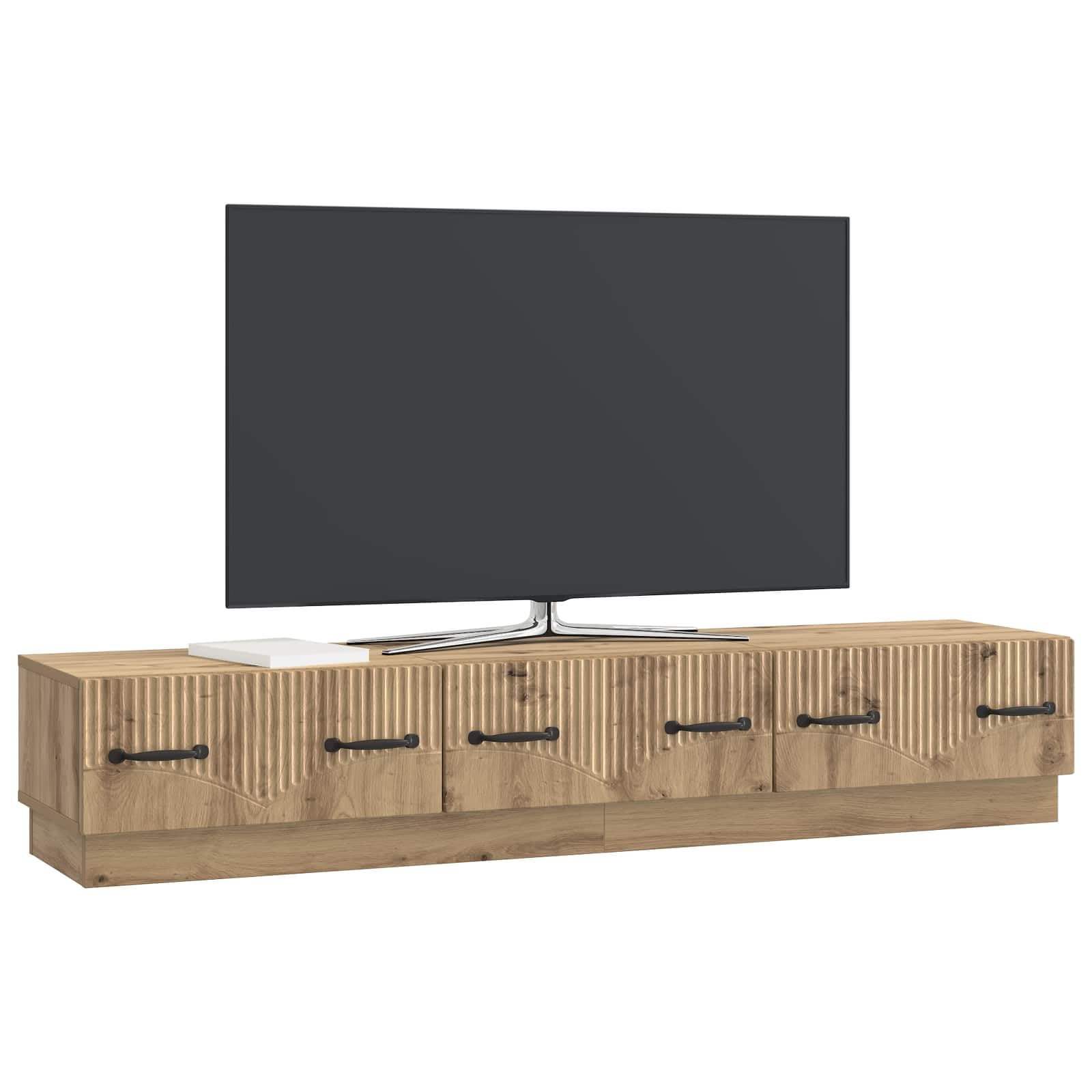 Générique Szafka pod telewizor 147 x 34,5 x 27 cm dąb rzemieślniczy drewno inżynieryjne | Otwarte półki, zintegrowane przejścia kablowe, przechowywanie multimediów, nowoczesny design