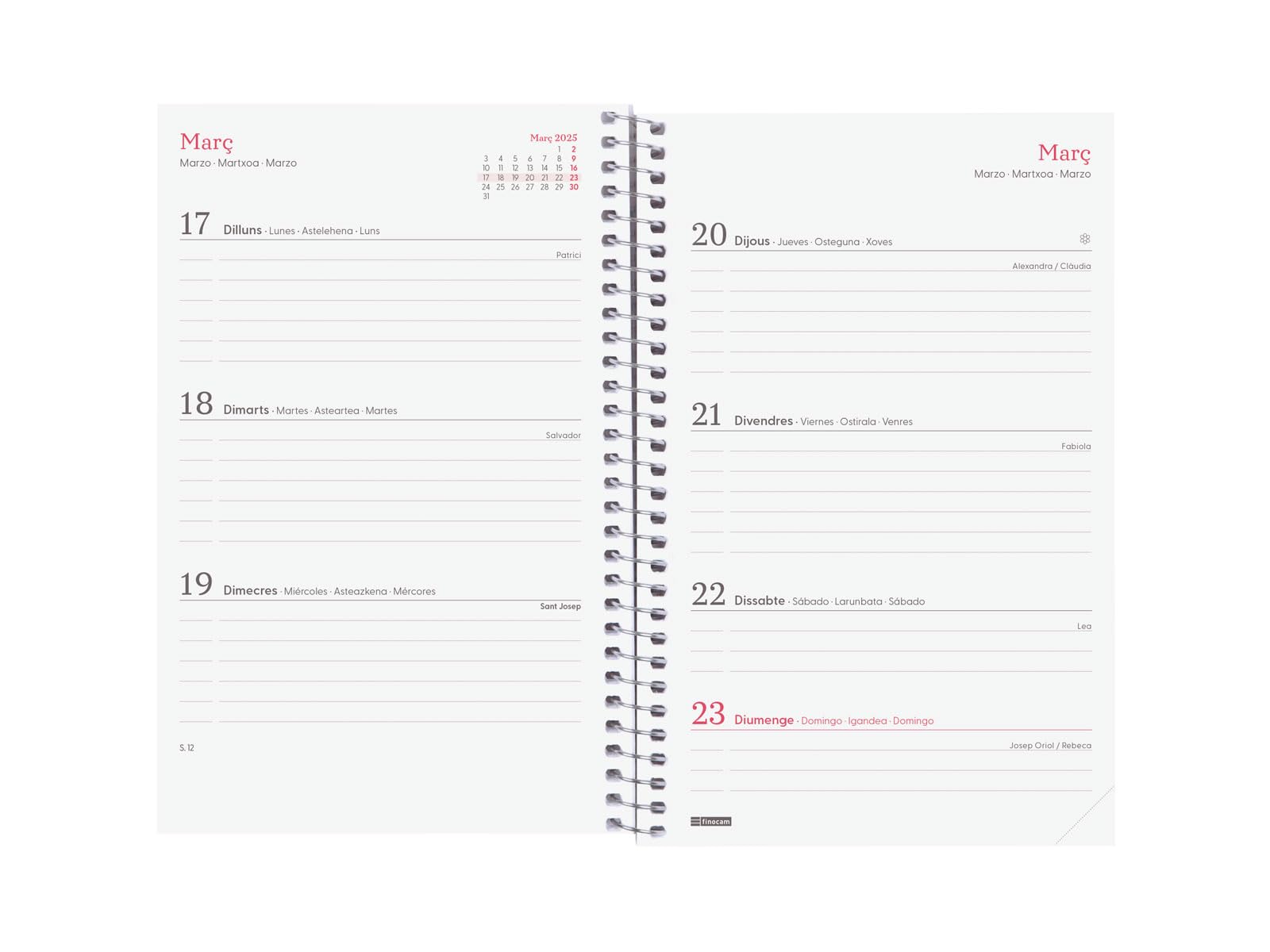 Agenda 2026 Semainier Horizontal - Couverture Rigide, Spirale - Catalan, Format A5 - De Janvier à Décembre