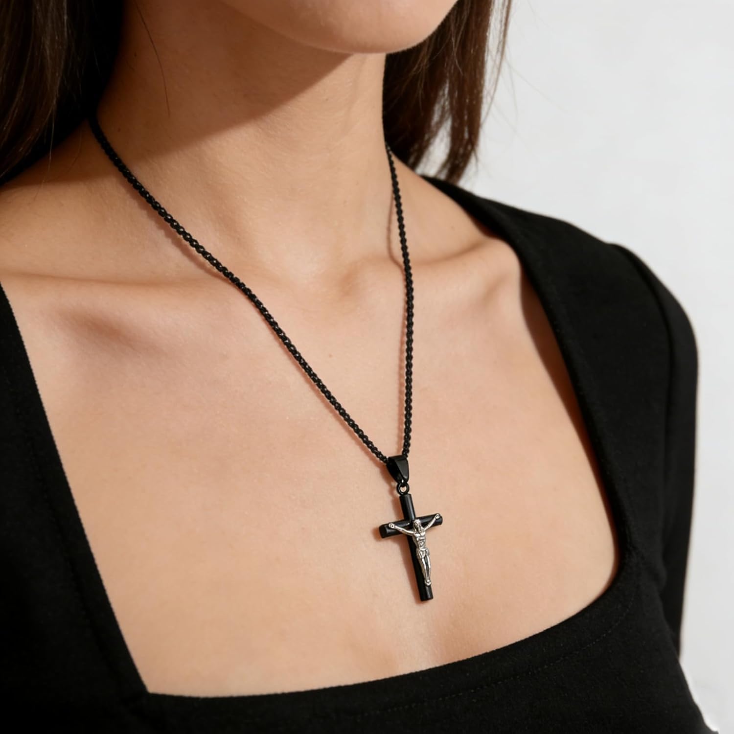 Crucifix Cross Necklace 18k Gold Plated Stainless Steel Cross Pendant Necklace with Jesus 3mm 20" Figaro Chain For Men Women - Image 4