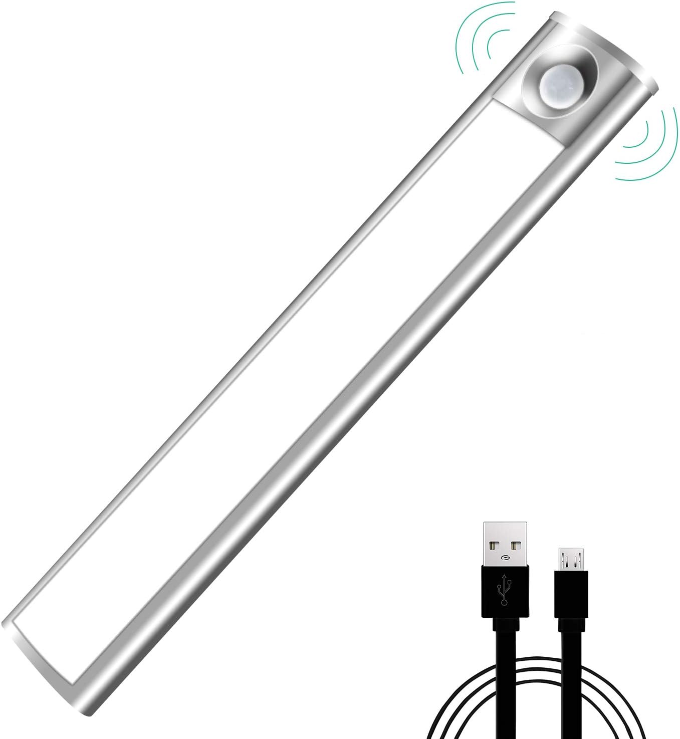 Motion Sensor Light Wireless 33-LED Build 240mm Bar USB Rechargeable Battery 3M Magnetic Tape 4 Modes Portable DIY Stick-on Anywhere Night Light Cabinet/Closet/Wardrobe/Stairs/Step Light (Pure White)