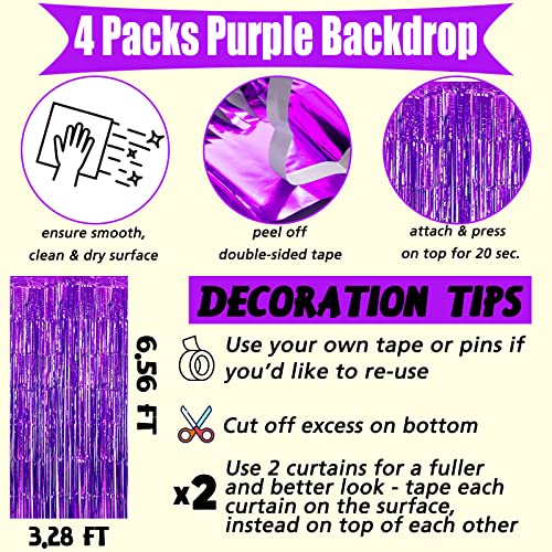 Image of 4 Pack Purple Fringe Curtain Backdrop, 3.2Ft x 6.6Ft Metallic Tinsel Foil Fringe Streamers Curtains Background for Photo Booth Birthday Wedding Baby Shower Party Thanksgiving Christmas Decorations