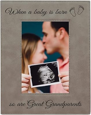 When a Baby is Born so are Great Grandparents Laser Engarved Faux Leather Grey Leatherette Wall Hanging/Tabletop 5x7 Vertical Picture Group Family New Grandchild Baby Photo Frame