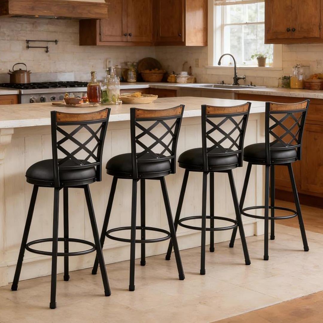 Swivel Bar Stools with Backs Set of 2, 2-in-1 Adjustable 25"-30" Seat Height, Farmhouse Bar Chairs with Black Faux Leather- Industrial Metal & Vintage Wood for Kitchen Island, Home Bar, Pub