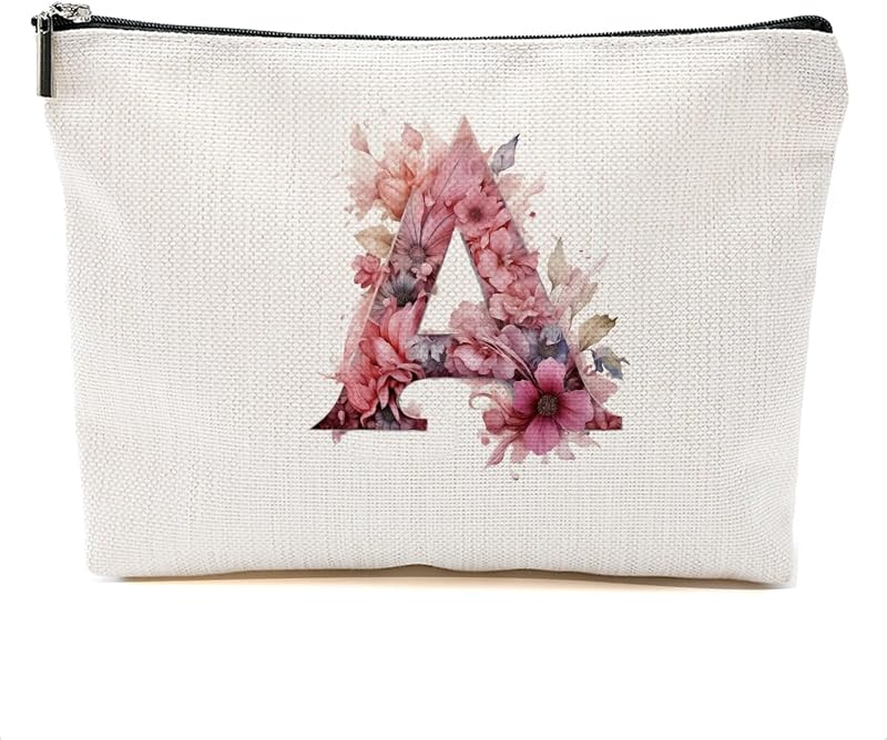 Necessaire de maquiagem DHKG Rosa com Letra A, Canvas, Zíper