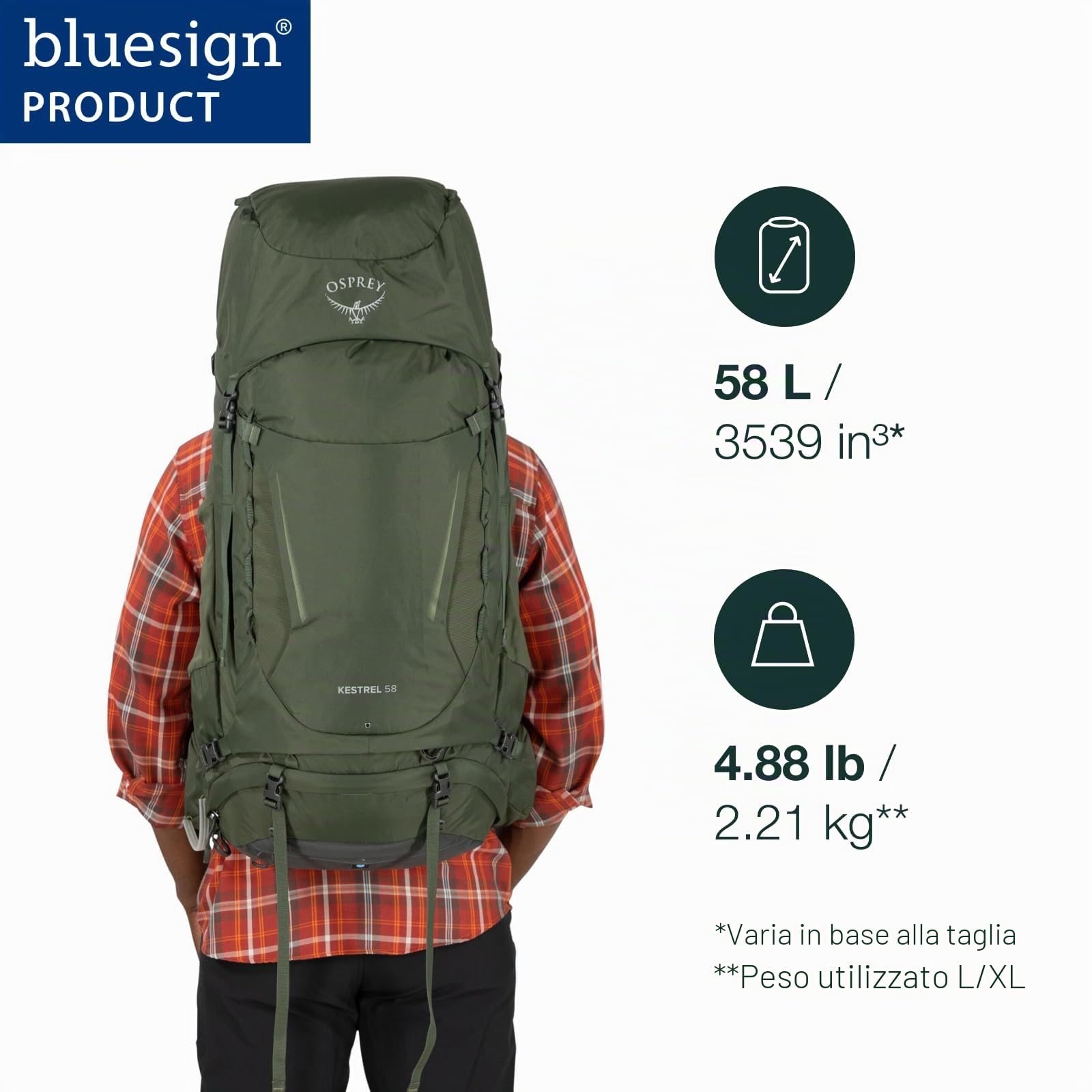 Osprey Kestrel Zaino da trekking uomo, 58L Large/X-Large, Moss Green