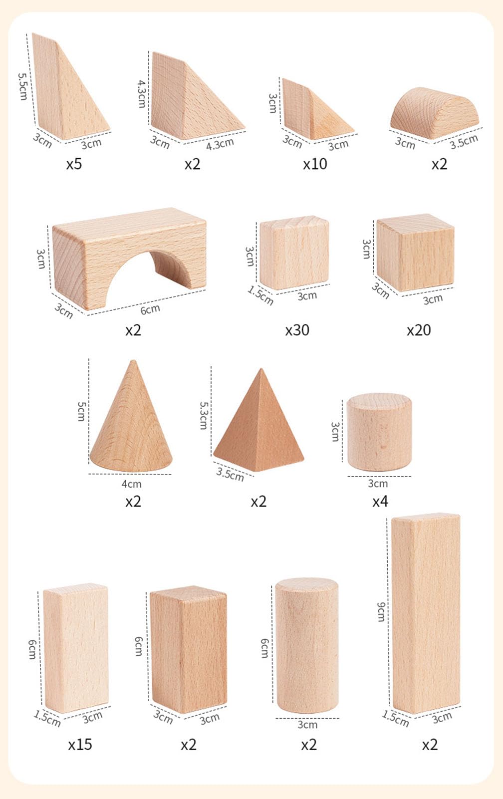 Zestaw drewnianych klocków Montessori, klocki konstrukcyjne w dużym rozmiarze, edukacyjna zabawka STEM dla przedszkolaków,100cs wood color