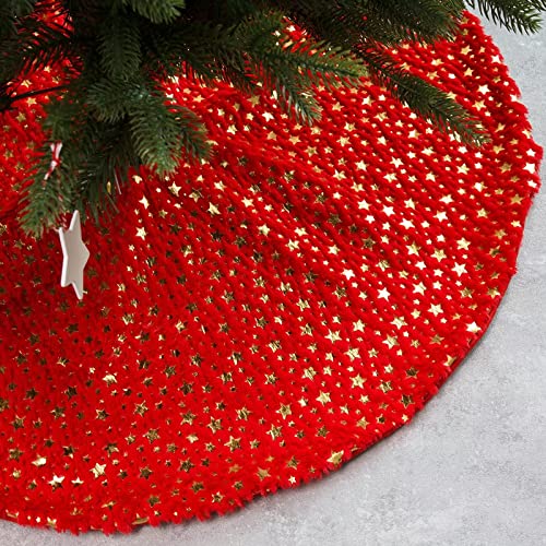 Falda de árbol de Navidad de 36 pulgadas, falda de árbol de Navidad con estrellas, decoraciones de Navidad para decoración de fiestas de vacaciones, interiores y exteriores, color rojo Cover