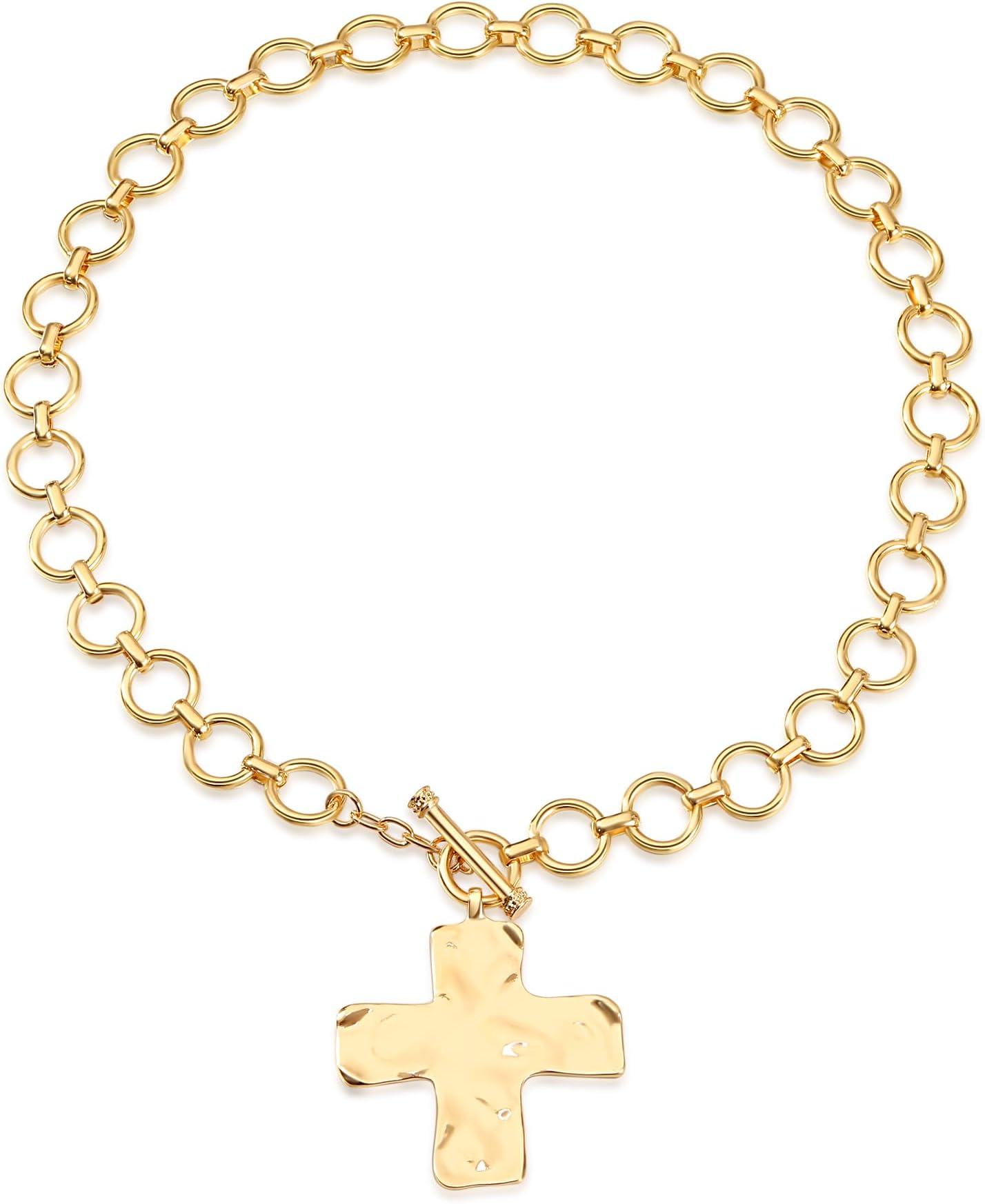 Chunky Statement Gold Hammered Bold Two Tone Cross Heart Star Necklace Thick Chain Vintage Layered Chain Beaded Choker Stacks Paperclip Summer Beach Jewelry