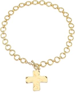 Chunky Statement Gold Hammered Bold Cross Necklace Thick Chain Vintage C...