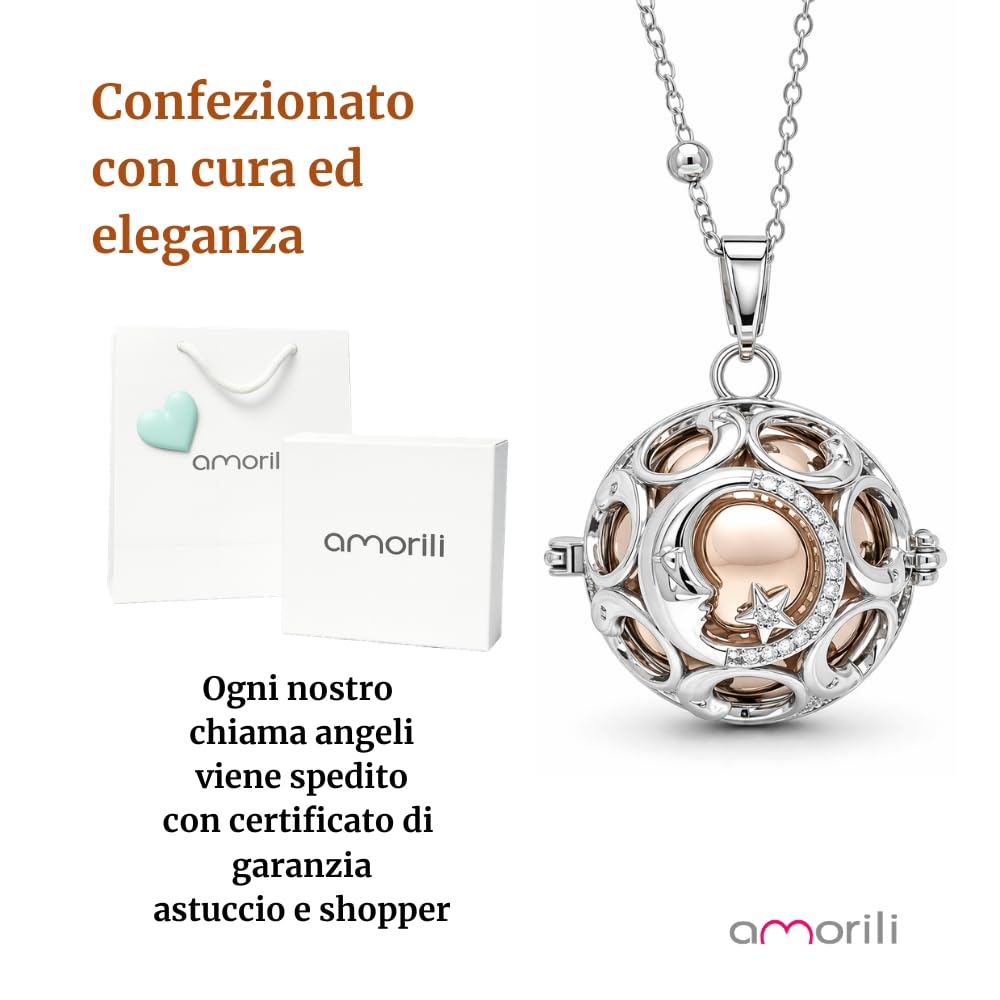 Collana Chiama Angeli Donna Gravidanza Bronzo Placcato Argento – Ciondolo Luna e Stella con Zircone Centrale – Gioiello Premaman Scintillante Luccicante – Idea Regalo Dolce Attesa - cll0996