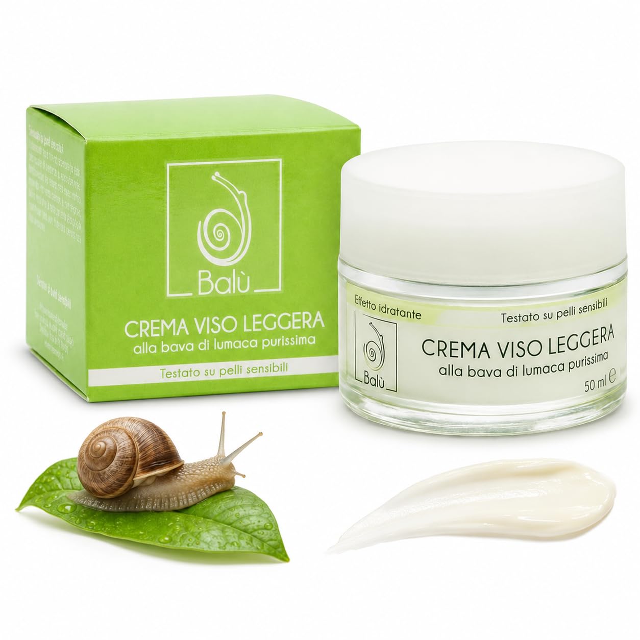 Balù Crema Viso Idratante Leggera alla Bava di Lumaca Purissima, Idratazione Intensa e Antirughe, Adatta per Donna e Uomo, Migliora le Imperfezioni delle Pelli Sensibili, Made in Italy, 50 ml