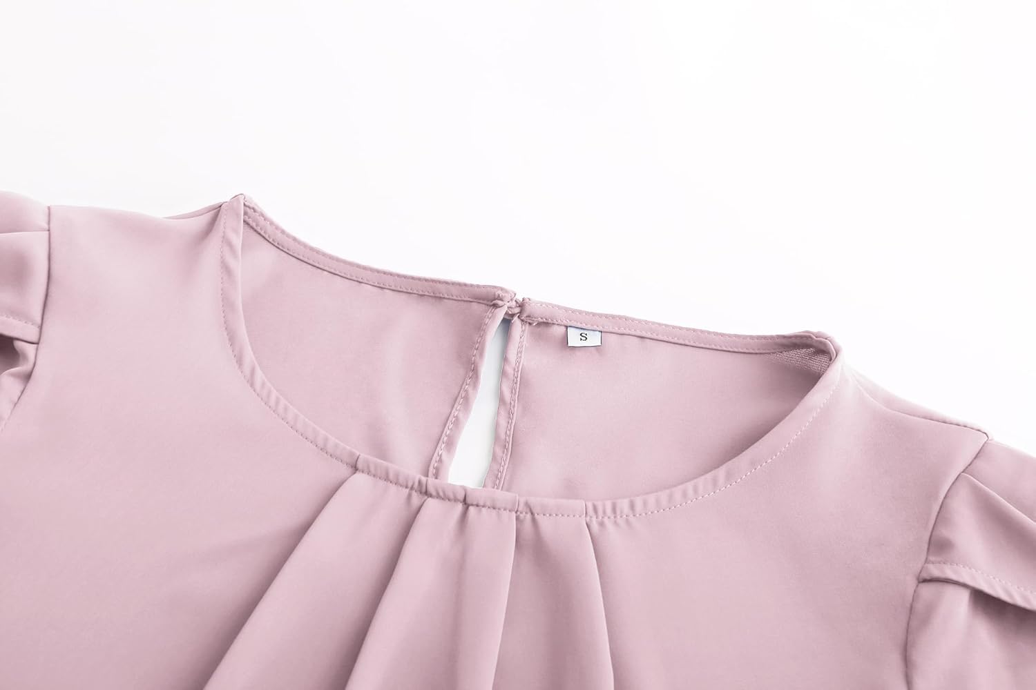 TASAMO Women's Casual Round Neck Basic Pleated Top Cap Sleeve Curved Keyhole Back Chiffon Blouse - Image 3