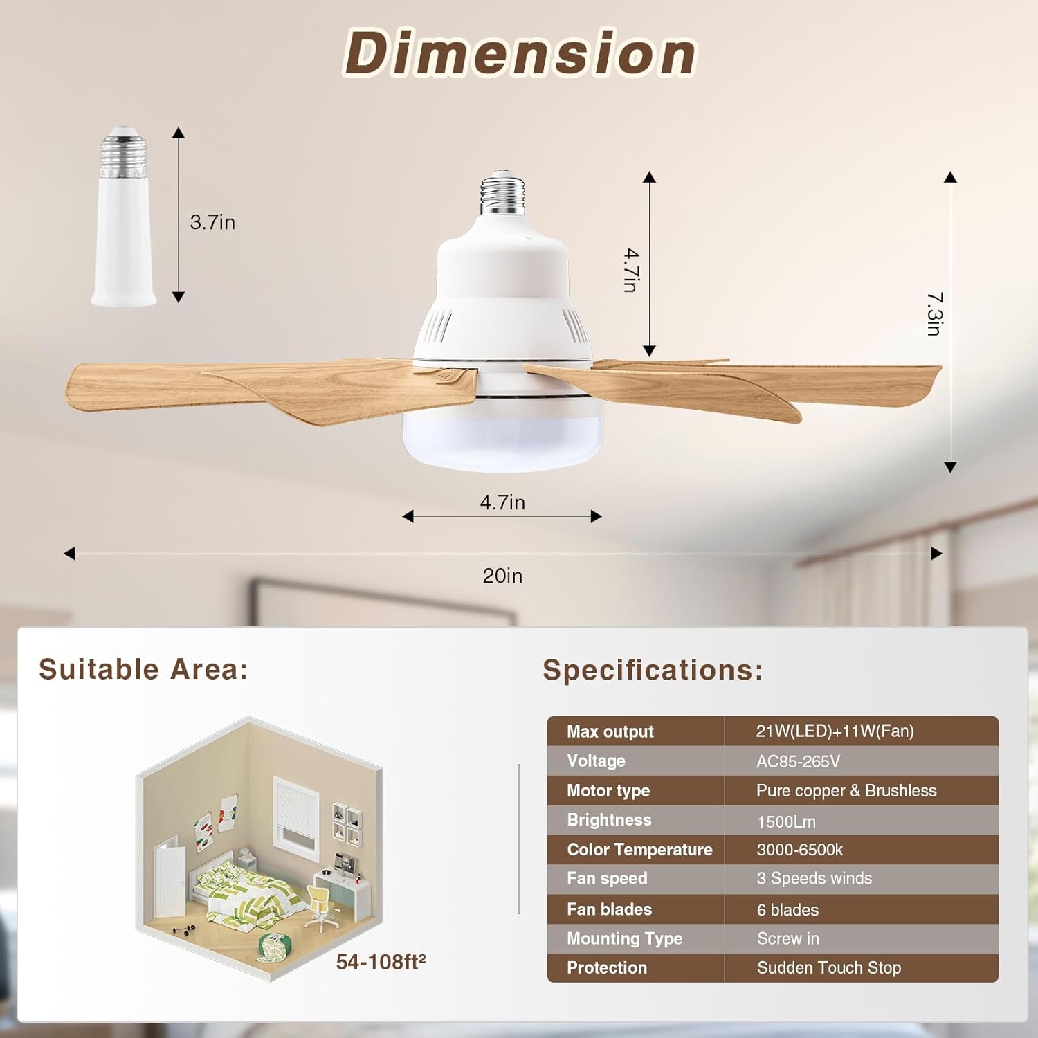 Socket Fan Light with Remote Control, 20" Screw in Ceiling Fans with Lights & Socket Extender Light Bulb Fan 3 Speeds, Ceiling Fan Light 6 Blades for Bedroom, Kitchen, Garage, Wood Grain