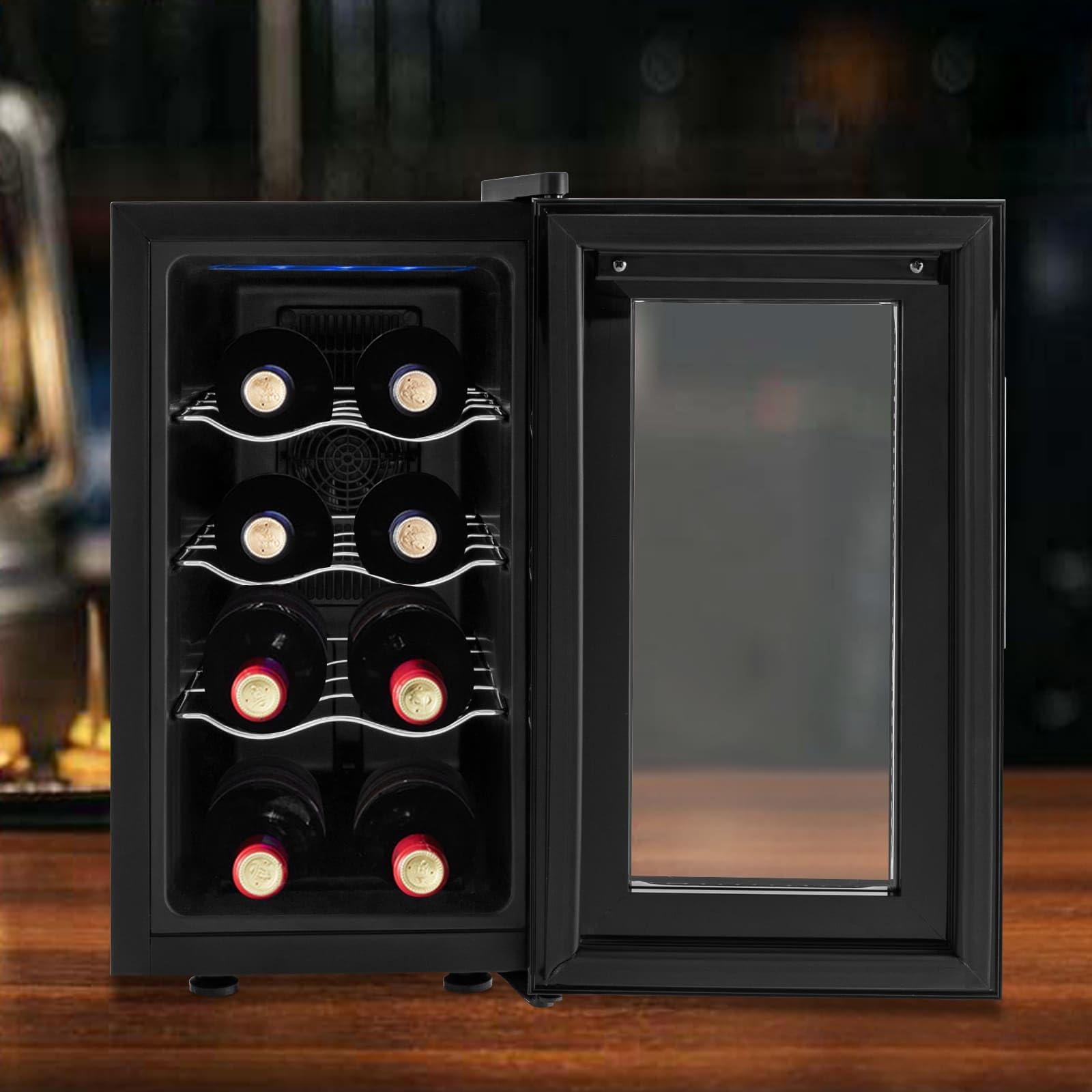 Frigorifero autoportante da 23 l, frigorifero per bevande, 8 bottiglie, piccolo frigorifero per bottiglie di vino, illuminazione a LED con porta in vetro per soda, birra, vino