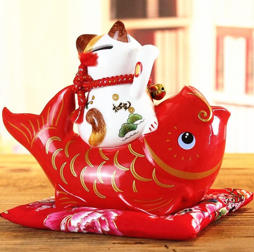 Miniatura 3 de EatingBiting Figura de gato Feng Shui Lucky Fortune Maneki Neko de 7.3 pulgadas, hucha de cerámica dañada para gatos y peces, Feng Shui, gato de la