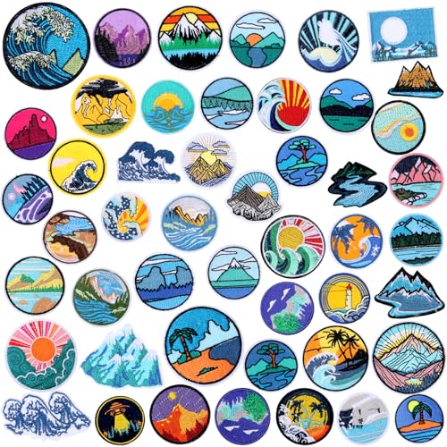 Hotop 48 Pcs Camping Theme Iron on Patches Adventure Outdoor Patch Mountain Backpacking Sew on Embroidered for Hats Jeans Jackets Clothes Backpack Cap DIY Crafts Sew Making
