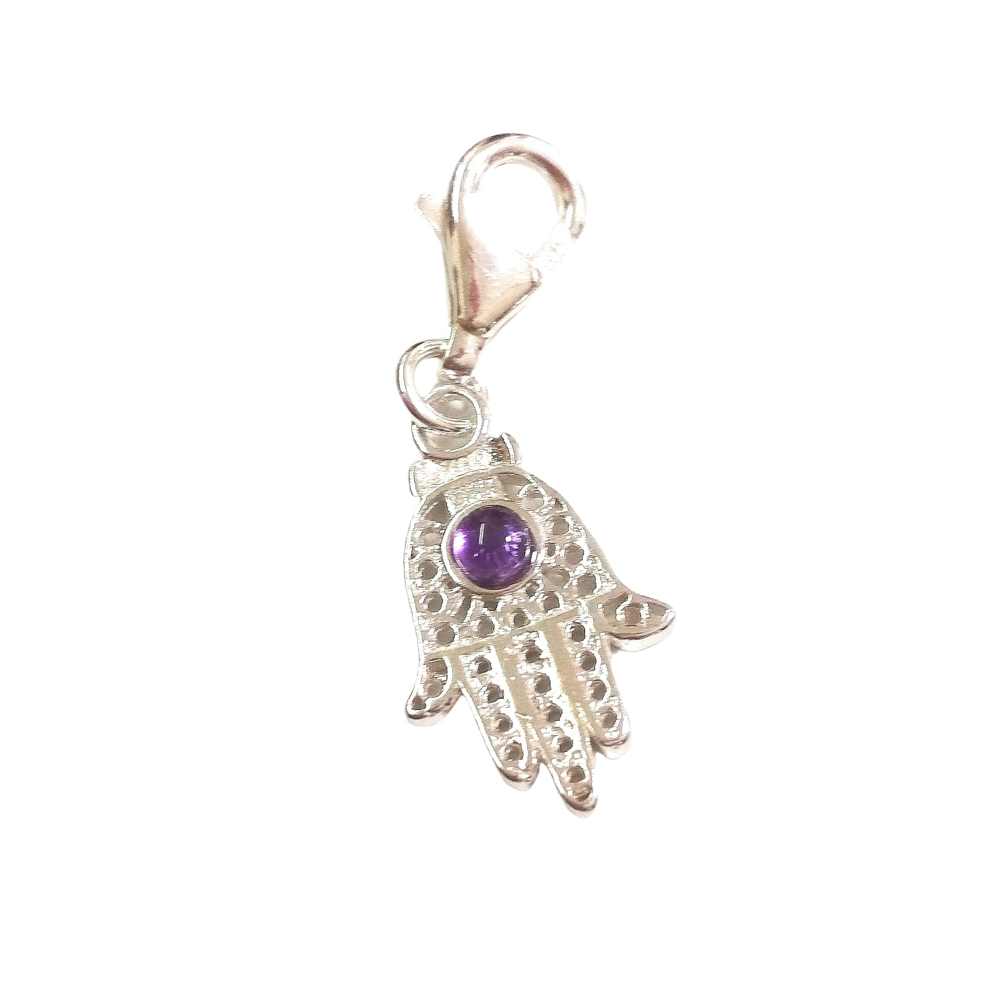 925 Sterling Silver Small Filigree Hamsa Hand and Natural Amethyst Gemstone Clip On Charm with 11mm Lobster Claw Clasp. BalliSilver