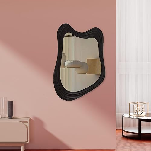 Miniatura 5 de Espejo de pared irregular de 32 x 24 pulgadas, marco de madera negra, espejo ondulado asimétrico para sala de estar, dormitorio, entrada, baño,