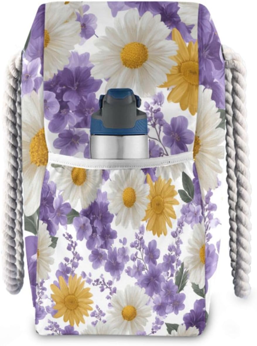OTVEE White Daisies and Purple Flowers Beach Bags for Women Ladies Large Canvas Tote Shoulder Bag Waterproof Travel Bags for Gym Swim Pool Camping