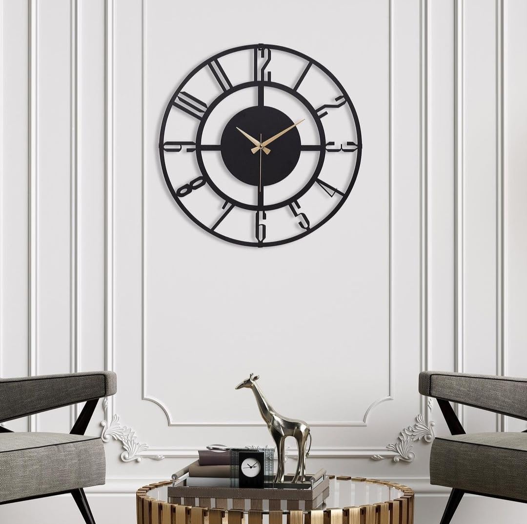 Inventive Arts 15 Inch Designer Decorative Stylish Metal Wall Clock For Living Room, Bedroom, Office, Kitchen, Home And Hall, Fancy Big Size Modern Wall Watch For Home Decor, Black