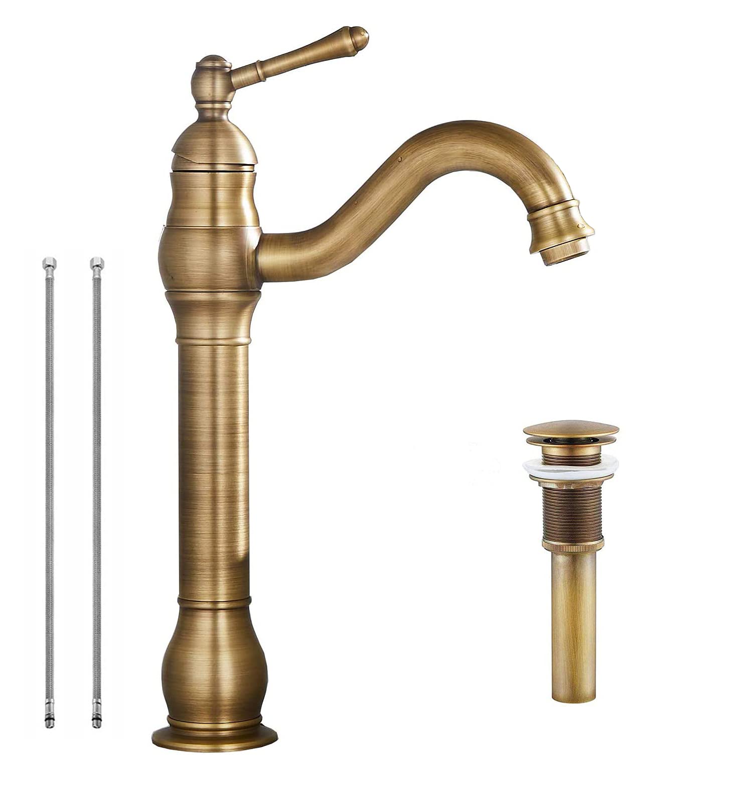 Grifo de Lavabo de baño de latón Antiguo, Giratorio 360°, Monomando, con tapón de desagüe emergente a Juego, sin rebosadero, para Lavabo Alto, de Montaje sobre encimera.