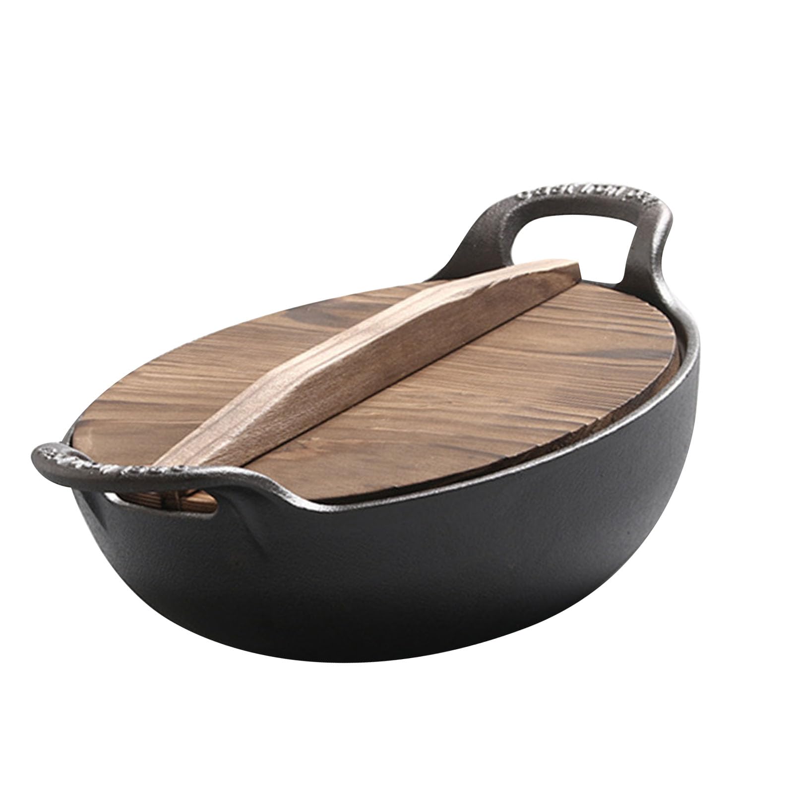 aqxreight Żeliwny Garnek do Hot Pot z drewnianą pokrywką, 27 Cm (BLACK)