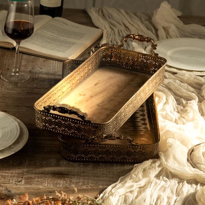 Vintage Gold Serving Tray Set with Handles, Decorative Ottoman & ...