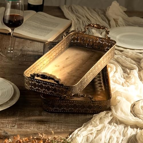 Vintage Gold Serving Tray Set with Handles, Decorative Ottoman &