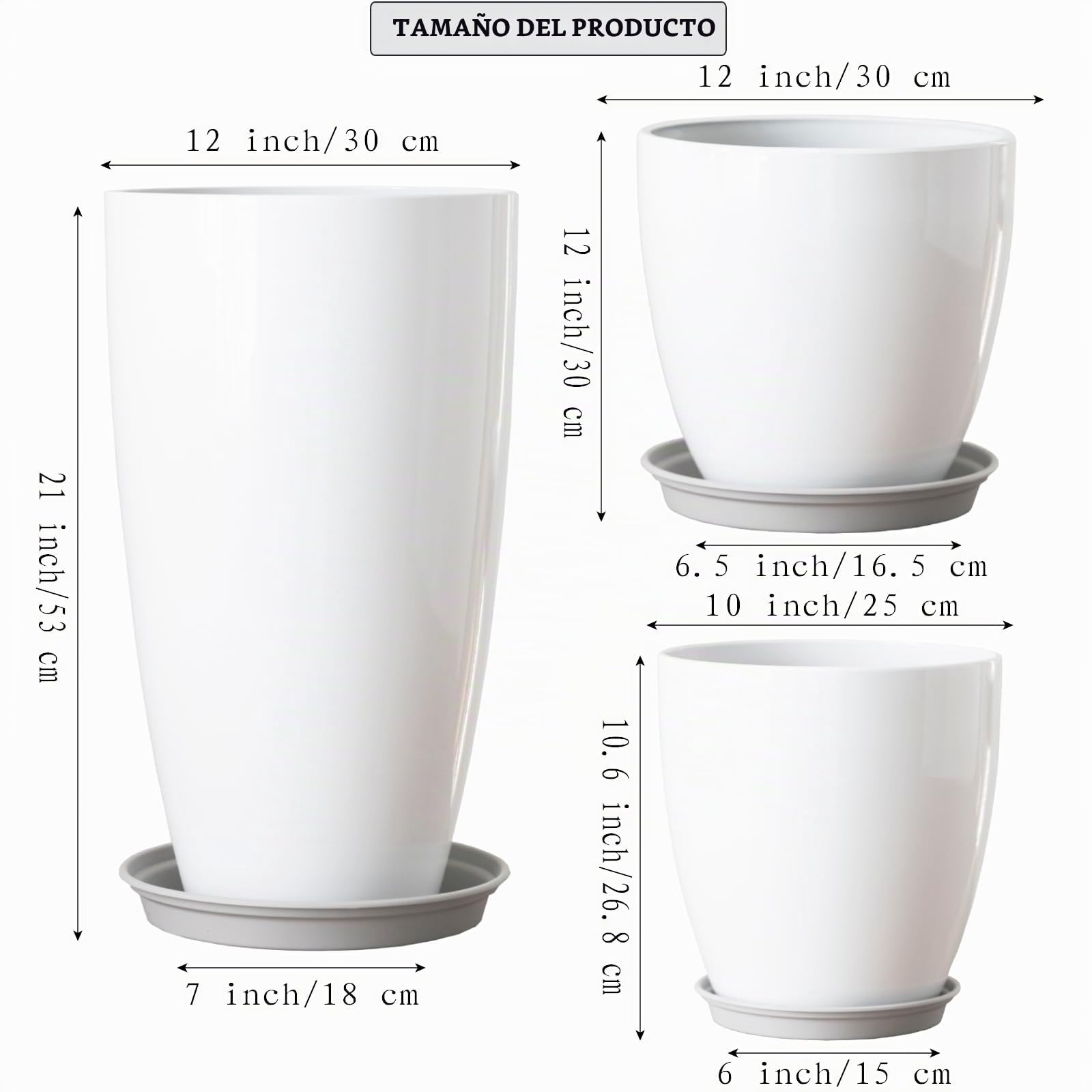 Macetas Redondas Altas con Agujeros de Drenaje/Plato Macetas Decorativas de plástico para Plantas de Interior y Exterior, macetas Blancas 3 Paquetes 28+30+53cm de Altura