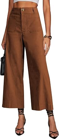 miduo Womens High Waisted Cropped Capris Stretchy Straight Pants Trousers | Womens Pants High Rise Crop Capris Wide Leg Stretchy Straight Pants Trousers with Pockets Ankle Length