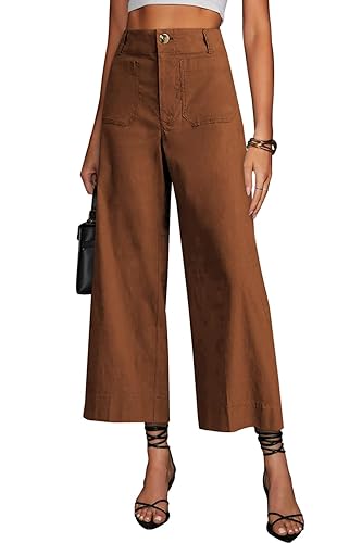 Womens High Waisted Cropped Wide Leg Stretchy Straight Pants Trousers
