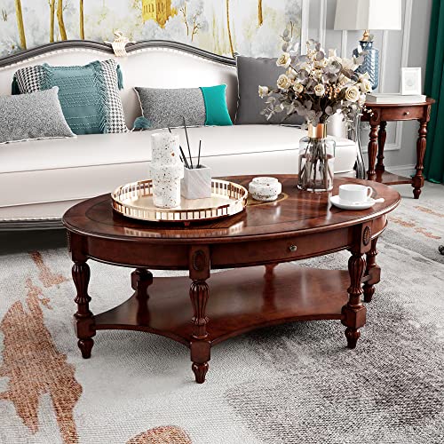 Jesonvid Solid Wood Oval Coffee Table With Drawer And Storage Shelf, Traditional Vintage Center Table Polished Edging Cocktail Tea Table For Living Room Bedroom Home, Cherry Walnut #TOP6