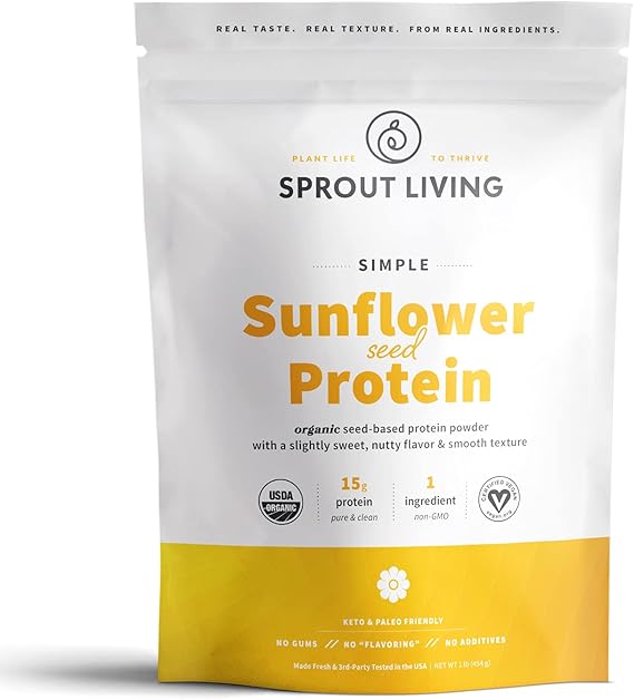 Sprout Living Simple Sunflower Seed Protein Powder, 15 Grams Organic Plant Based Protein Powder Without Artificial Sweeteners, Non Dairy, Non-GMO, Vegan, Gluten Free, Keto Drink Mix (1 Pound)